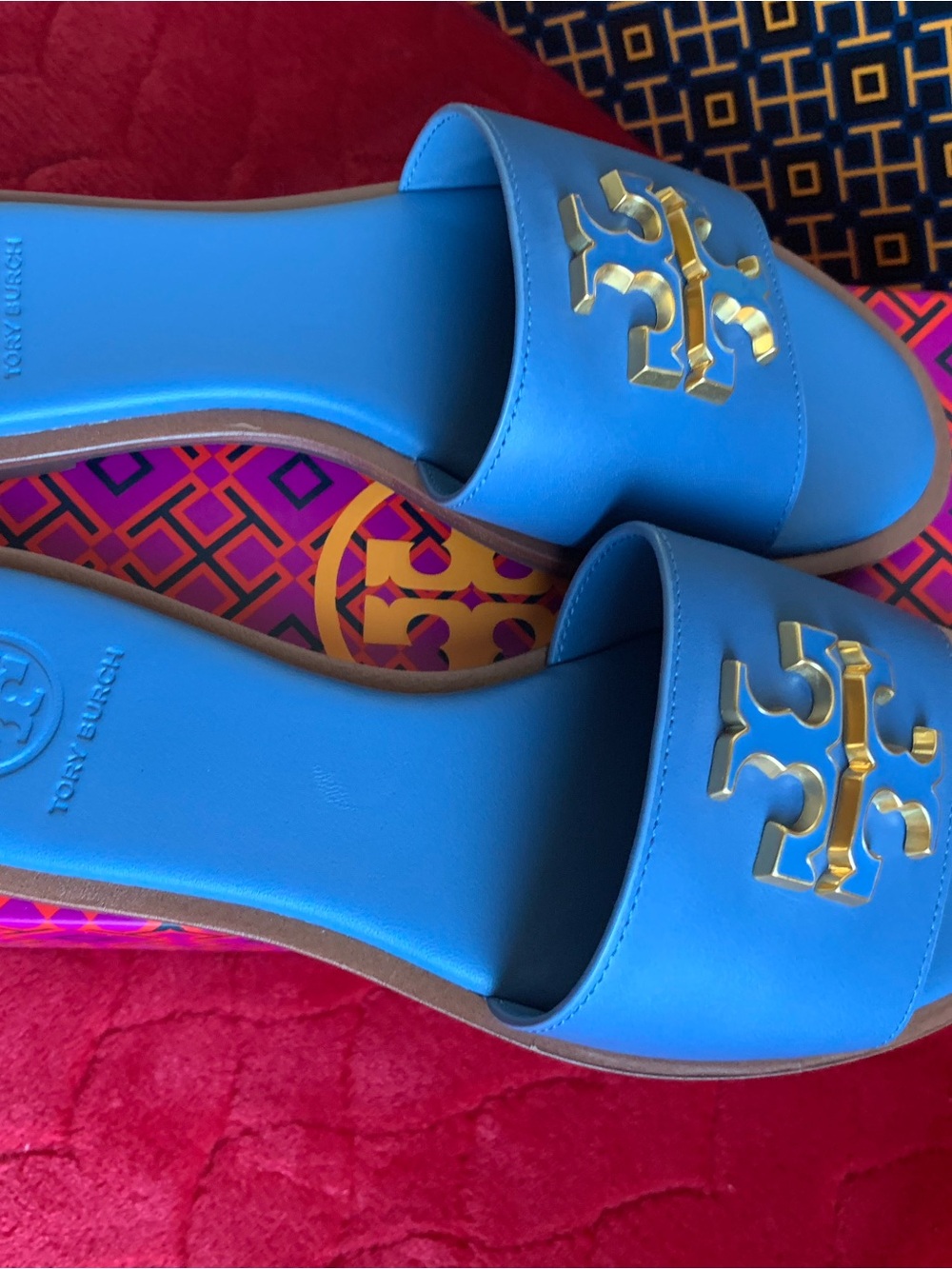 Tory Burch Blue Slide Sandals with Gold Logo - Picture 3 of 6